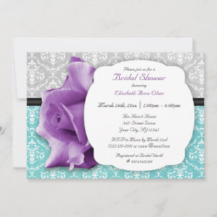 Paarse Roos Blauwgroen Damask Bridal Shower Invita Kaart