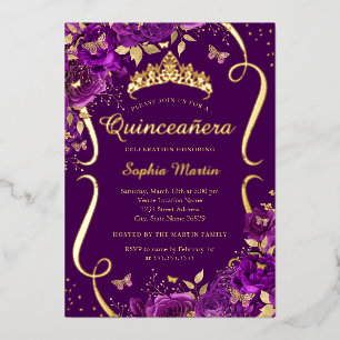 Paarse Roos Bloem Vlinder Tiara Quinceanera Folie Uitnodiging