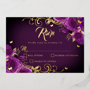Paarse Roos Bloemen Gold Swirl Gold Quinceanera Folie Uitnodiging