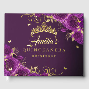 Paarse Roos Bloemige Swirl Quinceanera Goud Gastenboek