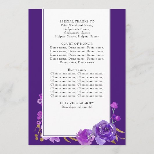 Paarse Roos en Elegant bladgoud Quinceanera Programma (Achterkant)