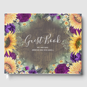 Paarse Roos en Zonnebloem Rustieke Herfst Bruiloft Gastenboek