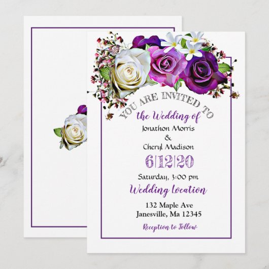 Paarse Roos Floral bruiloft uitnodigingen (Voorkant / Achterkant)