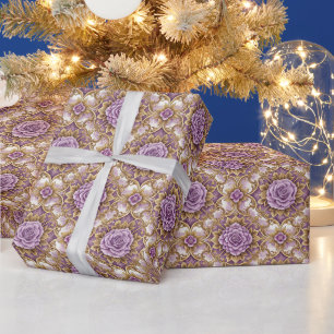 Paarse Roos & Goud Barok Elegante Vintage Bloemen Cadeaupapier