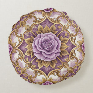 Paarse Roos & Goud Barok Elegante Vintage Bloemen Rond Kussen