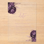 Paarse Roos Gouden Bloemen Huwelijk Save the Date Acryl Uitnodigingen (Voorkant)
