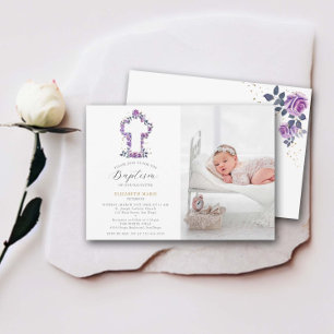 Paarse Roos Wit Kruis Baby Peuter Foto Doop Kaart
