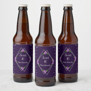 Paarse Roos Zilver Geometrisch Sweet 16 Bier Etiket