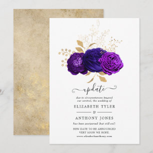 Paarse, Royal Blue en Gold Floral Wedding Update Kaart