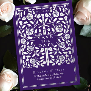 Paarse Royal Medieval Sword Wedding Save the Date Folie Uitnodiging