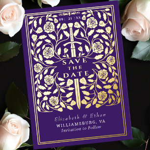 Paarse Royal Medieval Sword Wedding Save the Date Folie Uitnodiging