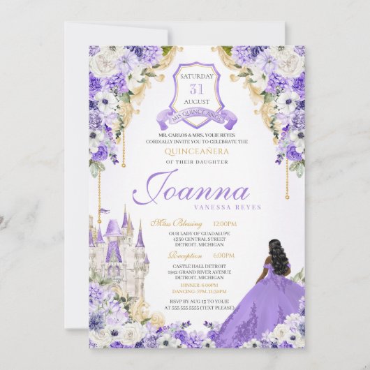 Paarse Royal Princess Gold & Lavendel Quinceanera Kaart (Voorkant)