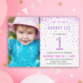 Paarse Roze 1e Verjaardagsfeestje Foto Verjaardag Kaart