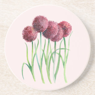 Paarse Roze Allium Waterverf Botanische Schilderij Zandsteen Onderzetter
