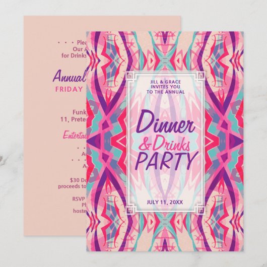 Paarse Roze Aqua Boho Chic Dinner Drinken Party Kaart (Voorkant / Achterkant)