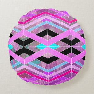 Paarse Roze & Aqua Geometrische Crossing Stripes Rond Kussen