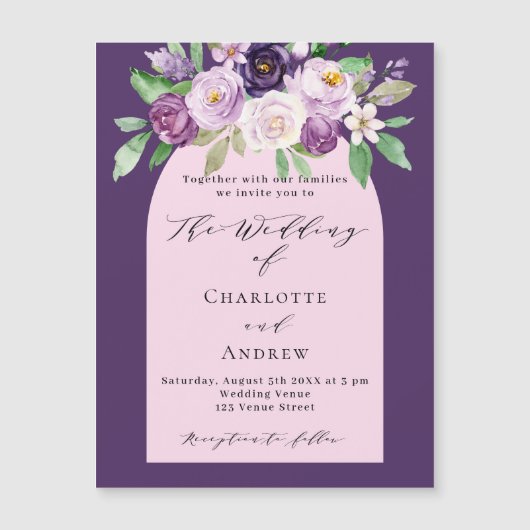 Paarse roze aquarel bloemetjes luxe bruiloft magnetische uitnodiging (Voorkant)