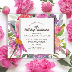 Paarse Roze Aquarel Bloemige 18e Verjaardagsfeestj Briefkaart