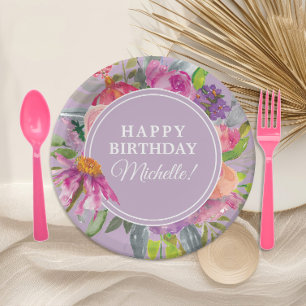 Paarse Roze Aquarel Bloemige Verjaardagsfeest Papieren Bordje