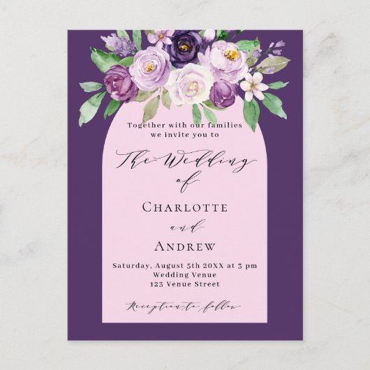 Paarse roze aquarel bloemstukken boog bruiloft uitnodiging briefkaart (Voorkant)