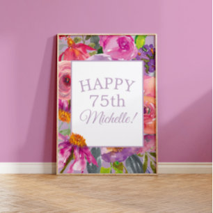 Paarse Roze Aquarel Wilde Bloemen Gelukkig 75e Poster