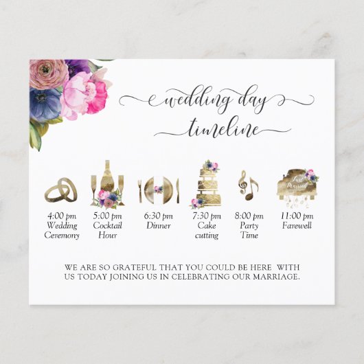 Paarse, roze, blauwe bruiloft tijdlijn en programm (Voorkant)
