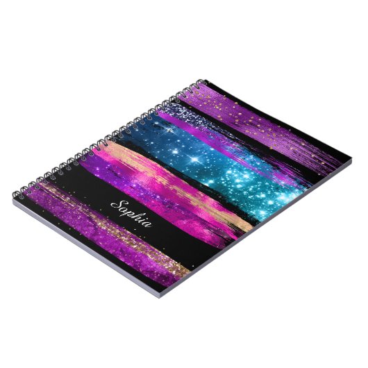 Paarse roze blauwe glitter sterren Naam penseelstr Notitieboek (Linkerzijde)
