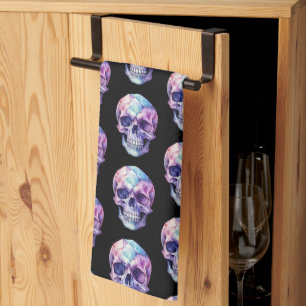 Paarse Roze Blauwe Schedel Zwarte Halloween Theedoek