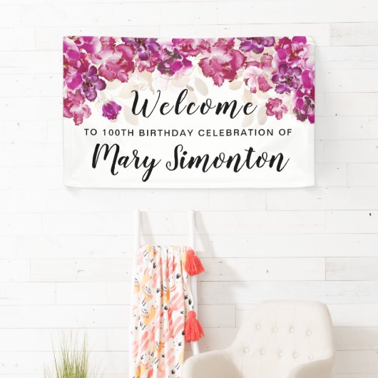 Paarse Roze Bloemen 100ste Verjaardagsfeestje Welk Spandoek (Insitu)