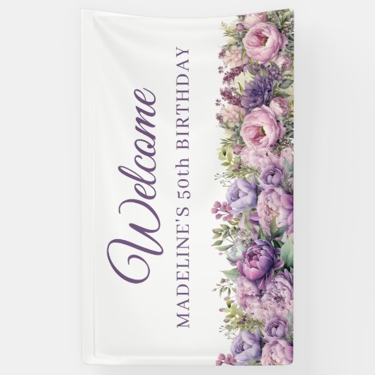 Paarse Roze Bloemen 50ste Verjaardag Welkom Spandoek (Verticaal)
