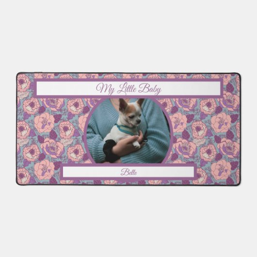 Paarse Roze Bloemen & banners met naam/fase Bureaumat (Voorkant)