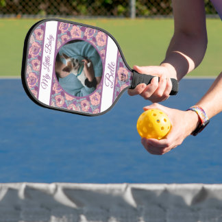 Paarse Roze Bloemen & banners met naam/fase Pickleball Paddle