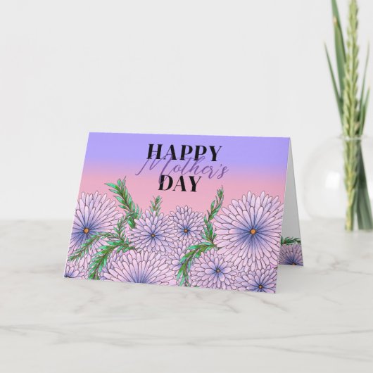 Paarse Roze Bloemen en Groene Bladeren Moederdag Kaart (Voorkant)