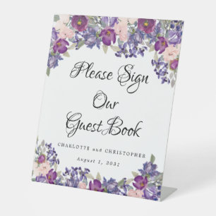 Paarse Roze Bloemen Gastenboek Reclamebord Met Voetstuk