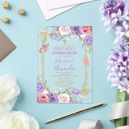 Paarse Roze Bloemen Gouden Kruis Eerste Heilige Co Acryl Uitnodigingen (Insitu (Huwelijk))