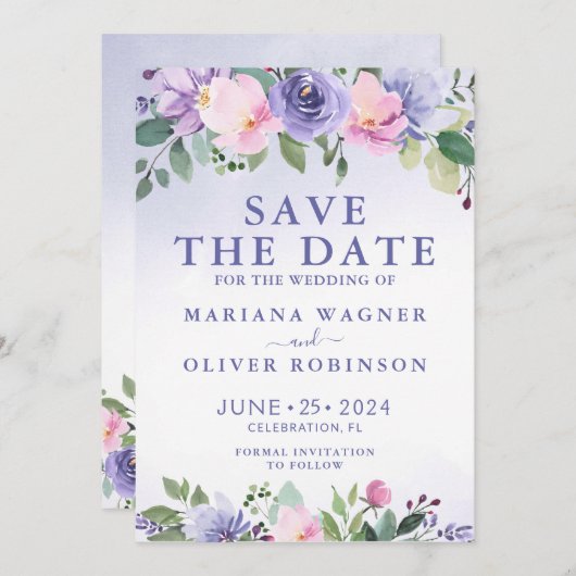 Paarse Roze Bloemen Modern Save the Date Kaart (Voorkant / Achterkant)