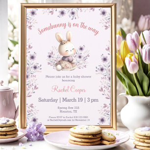 Paarse Roze Bloemen Schattige Bunny Girl Baby show Kaart