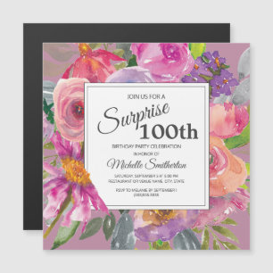 Paarse-roze bloemenplein 100e verjaardag magnetische uitnodiging