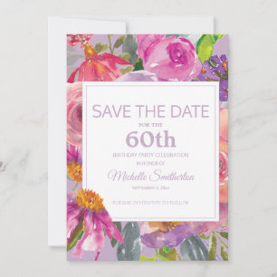 Paarse Roze Bloemige 60e Verjaardag Bewaar Datum Save The Date