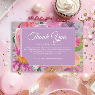 Paarse Roze Bloemige Boeken voor Baby Shower Bedankkaart