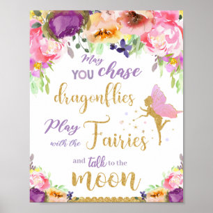 Paarse Roze Bloemige Feeën Nursery Muur Kunst Deco Poster