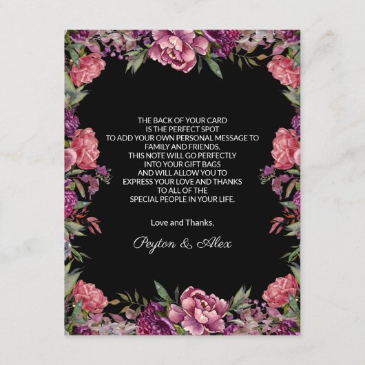 Paarse Roze Bloemige Zwarte Trouw Welkom Informatiekaartje (Achterkant)