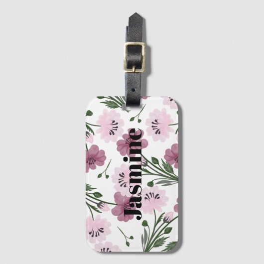 Paarse & Roze Bloempatroon met Custom Monogram Bagagelabel (Voorkant (verticaal))