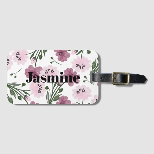 Paarse & Roze Bloempatroon met Custom Monogram Bagagelabel (Voorkant (horizontaal))