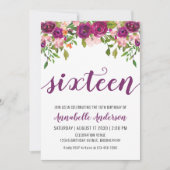 Paarse Roze Blush Floral Waterverf 16e verjaardag Kaart (Voorkant)