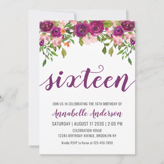 Paarse Roze Blush Floral Waterverf 16e verjaardag Kaart (Voorkant)