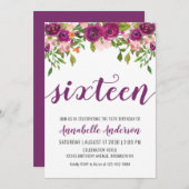 Paarse Roze Blush Floral Waterverf 16e verjaardag Kaart (Voorkant / Achterkant)