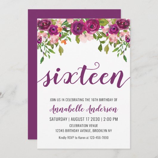 Paarse Roze Blush Floral Waterverf 16e verjaardag Kaart (Voorkant / Achterkant)