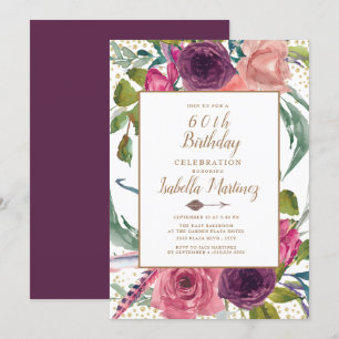 Paarse Roze Boho Veer Bloem Goud 60e Verjaardag Kaart