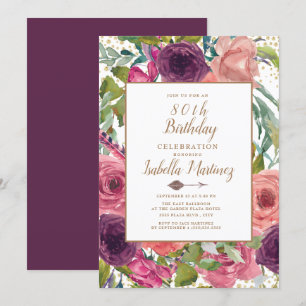 Paarse Roze Boho Veer Bloemig Goud 80ste Verjaarda Kaart
